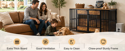 Wooden Dog Crate Furniture – Large Indoor Kennel with Tabletop, Metal Bars, Antique Brown – view 2