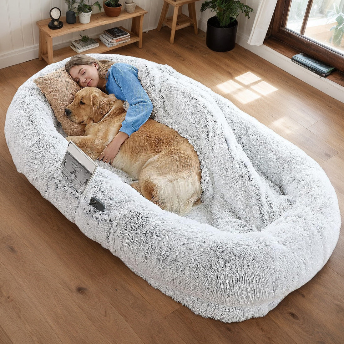 Human Dog Bed for People and Pets – Washable Faux Fur Nap Bed, 71 x 45 x 14 in, Gray
