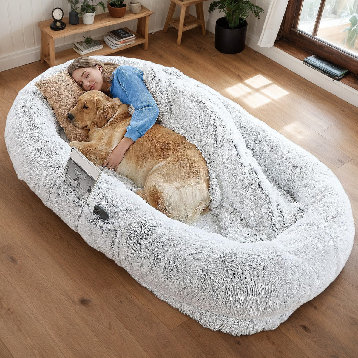 Human Dog Bed for People and Pets – Washable Faux Fur Nap Bed, 71 x 45 x 14 in, Gray