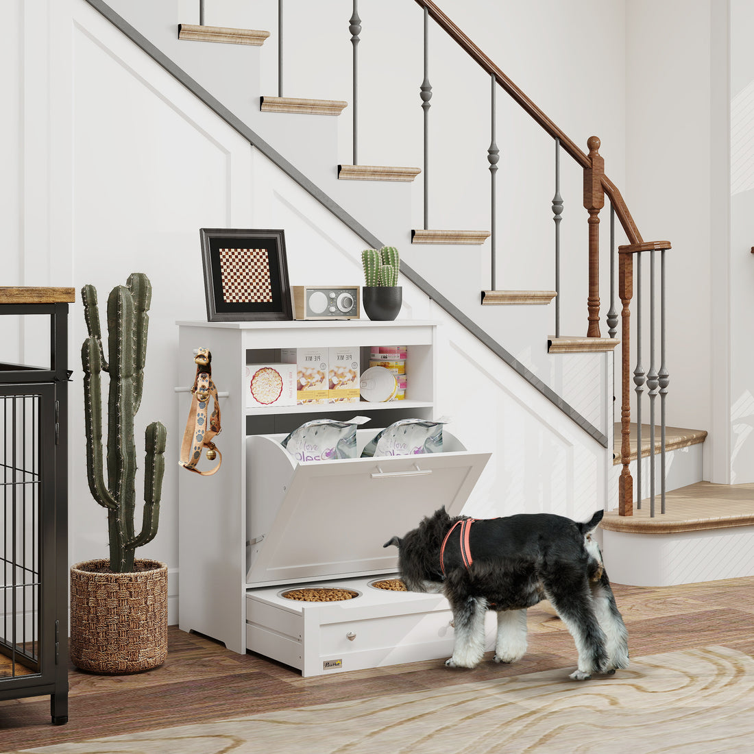 Pet Feeder Station Storage Cabinet with Pull-Out Bowl Drawer and Leash Hooks, White