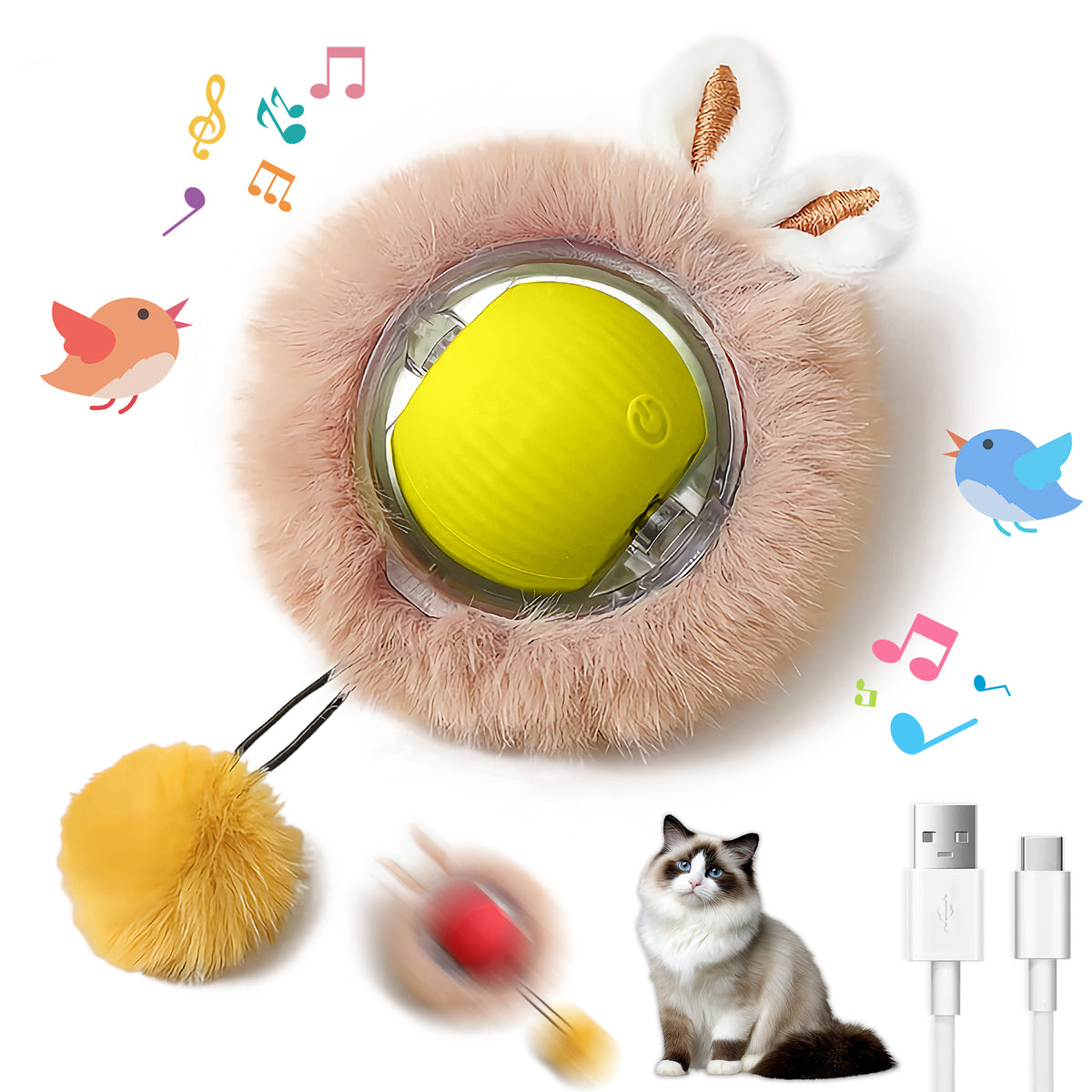 Motion-Activated Moving Cat Ball with Lights, Fluffy Tail and Bunny Ears, 3 Speed Modes