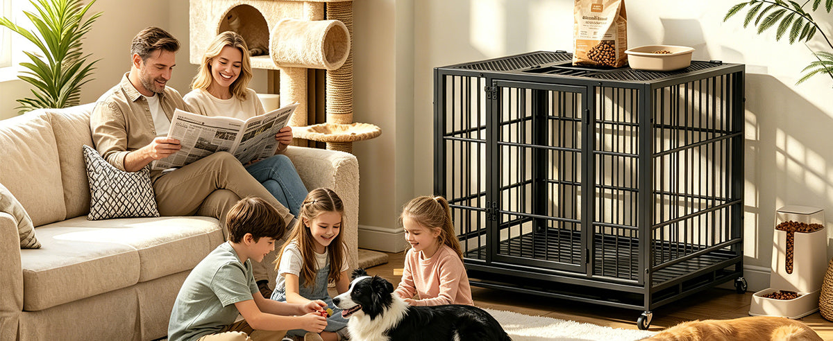 Heavy Duty Dog Crate on Lockable Wheels – Metal Kennel with Slide-Out Tray and Perforated Top, Black – view 5