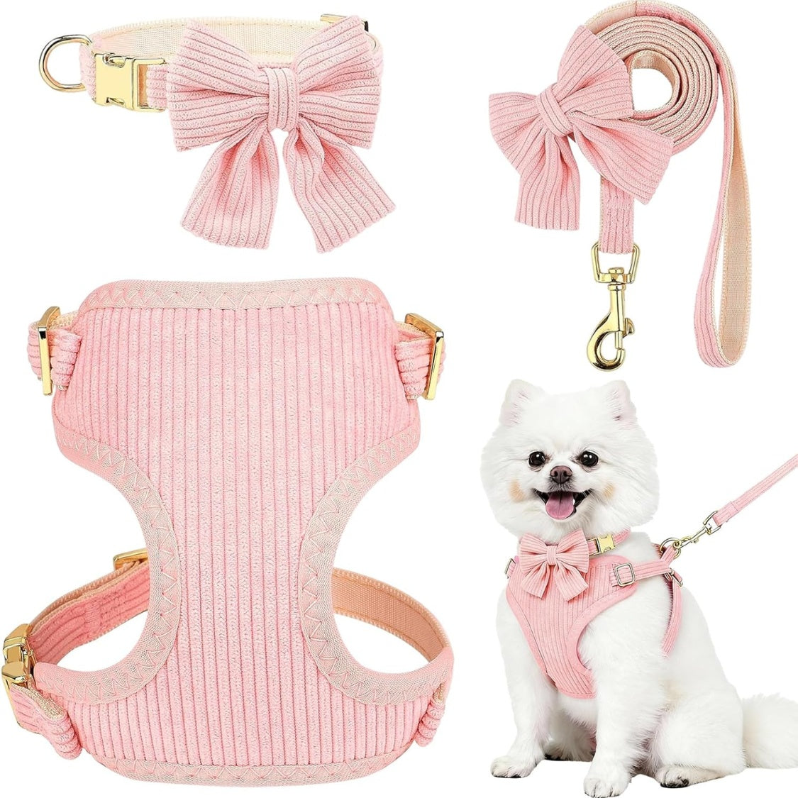 Small Dog Harness, Collar &amp; Leash Set with Bow Tie – No-Pull Breathable Cotton, Adjustable, Pink