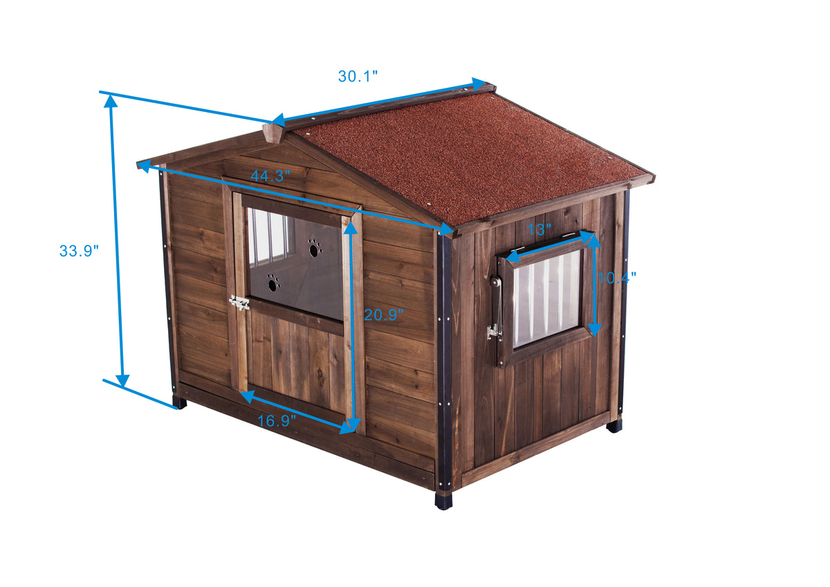 Wooden Cabin Dog House with Iron Frame – Asphalt Roof, Covered Porch, Large Dogs, Antique Brown