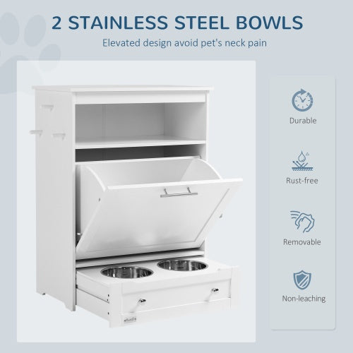 Pet Feeder Station Cabinet with Pull-Out Bowl Drawer, Storage Shelves &amp; Hooks – White – view 2