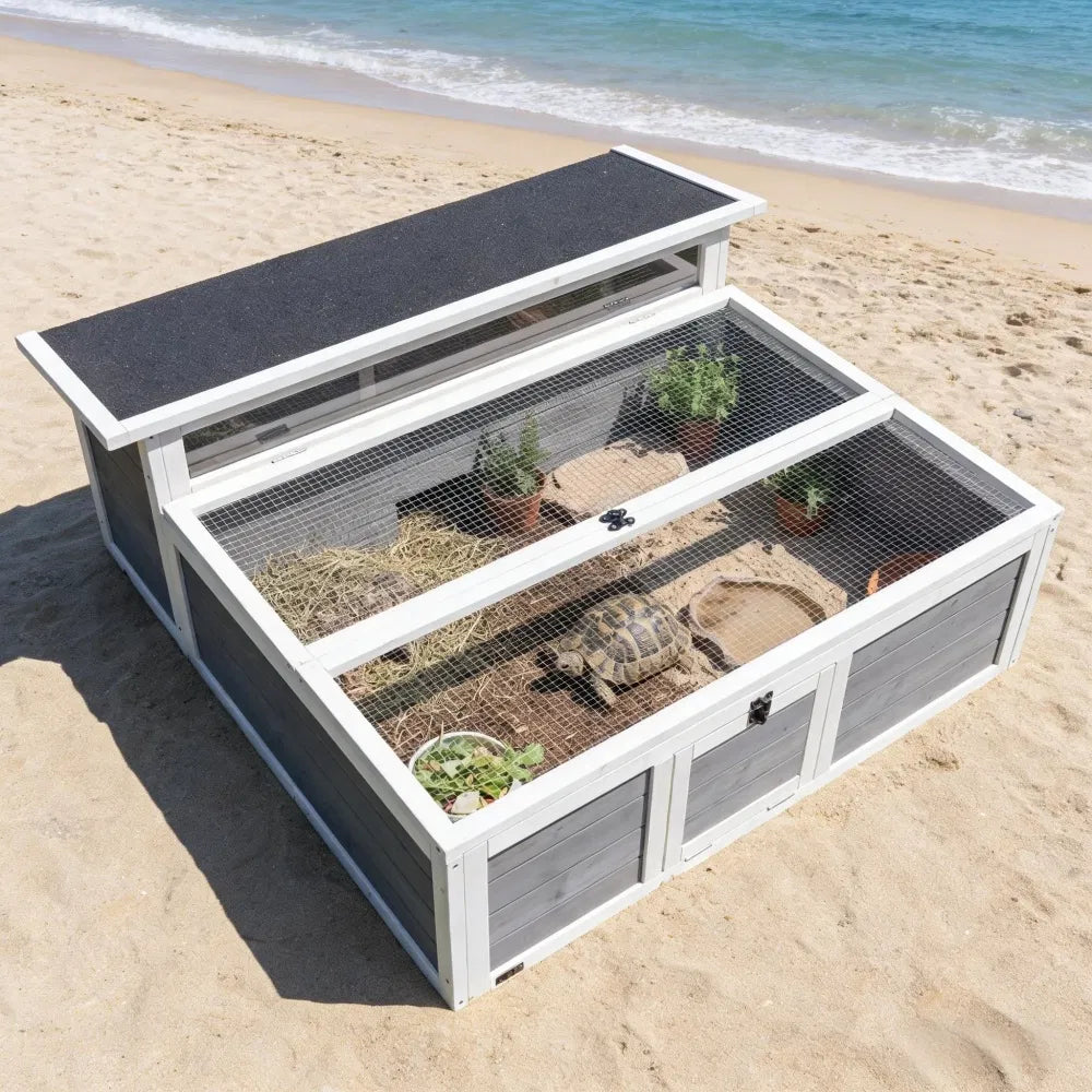 Wooden Outdoor Tortoise Habitat with Run, Basking Area &amp; Large Window for Small Animals – view 7
