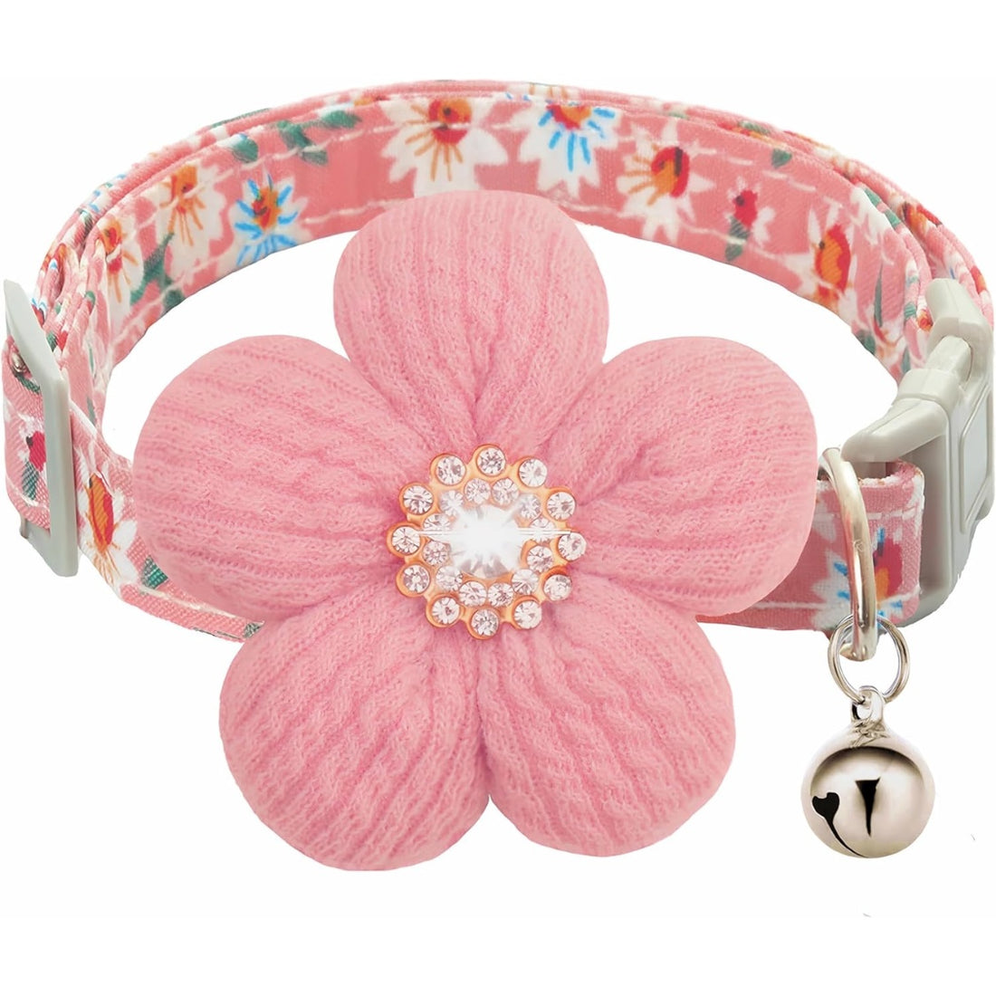 Flower Dog Collar with Bell – Cute Floral Cotton Collar for Small Girl Dogs, Adjustable, Pink