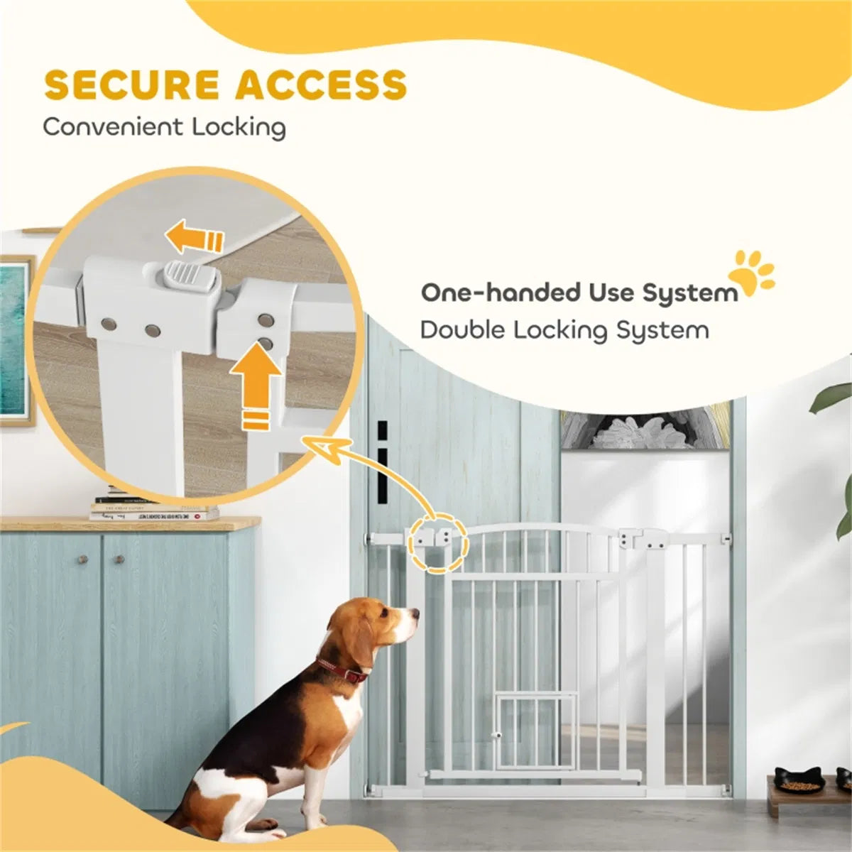 Pressure-Mounted Pet Gate with Cat Door – Adjustable 29.9"–40.9" Wide, 30.3" Tall, White Steel – view 7