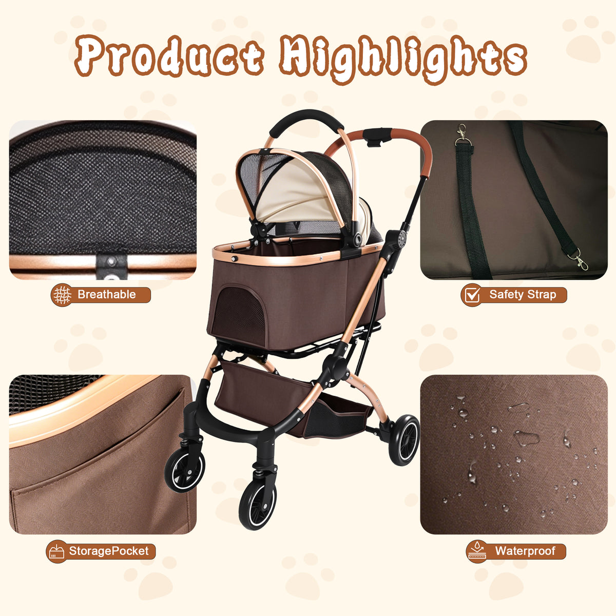 2-in-1 Foldable Pet Stroller – Detachable Carrier, 4 Wheels, Sun Canopy, Khaki – view 6