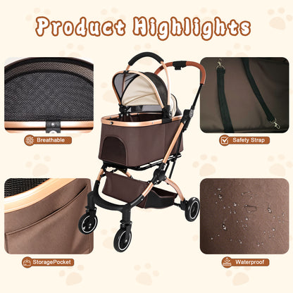 2-in-1 Foldable Pet Stroller – Detachable Carrier, 4 Wheels, Sun Canopy, Khaki – view 6