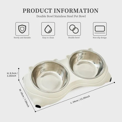 Double Stainless Steel Cat Food &amp; Water Bowl Set with Non-Slip Base, White, 600 ml Each