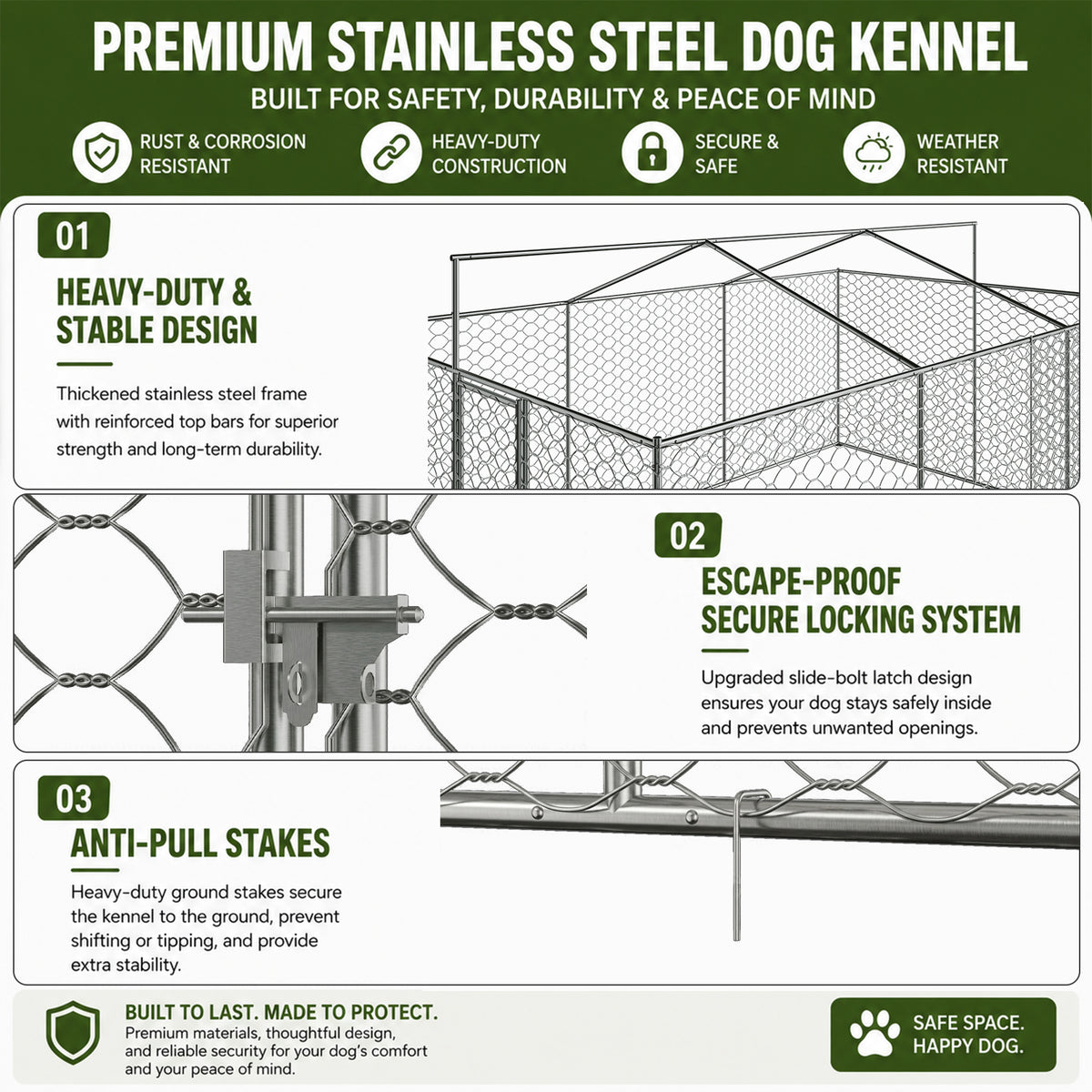 Large Outdoor Dog Kennel with Canopy – Galvanized Steel, Waterproof Roof, Feeding Bowls, 15 x 10 Ft – view 9