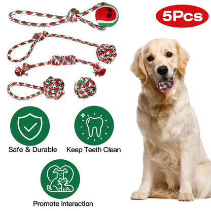 Christmas Rope Dog Chew Toys 5-Piece Set, Red, Green and White Cotton Knots and Ball