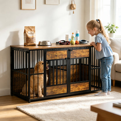 Wooden Dog Crate Furniture – Large Indoor Kennel with Tabletop, Metal Bars, Antique Brown – view 7