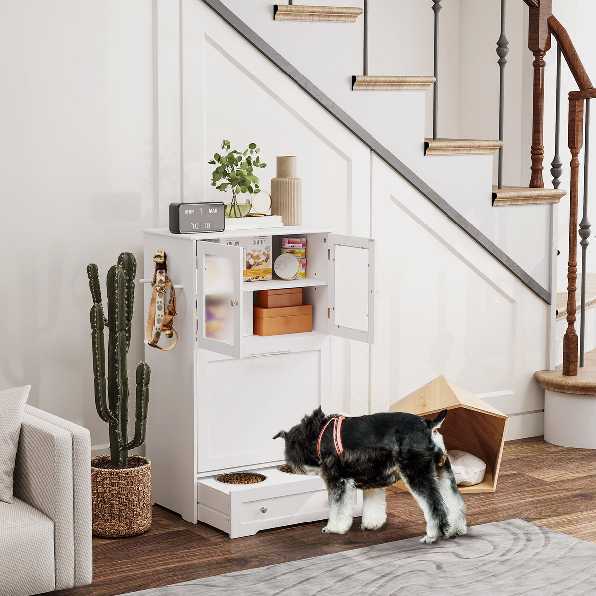 Dog Feeding Station with Two Storage Cabinets, Hidden Elevated Bowl Rack &amp; Leash Hooks, White