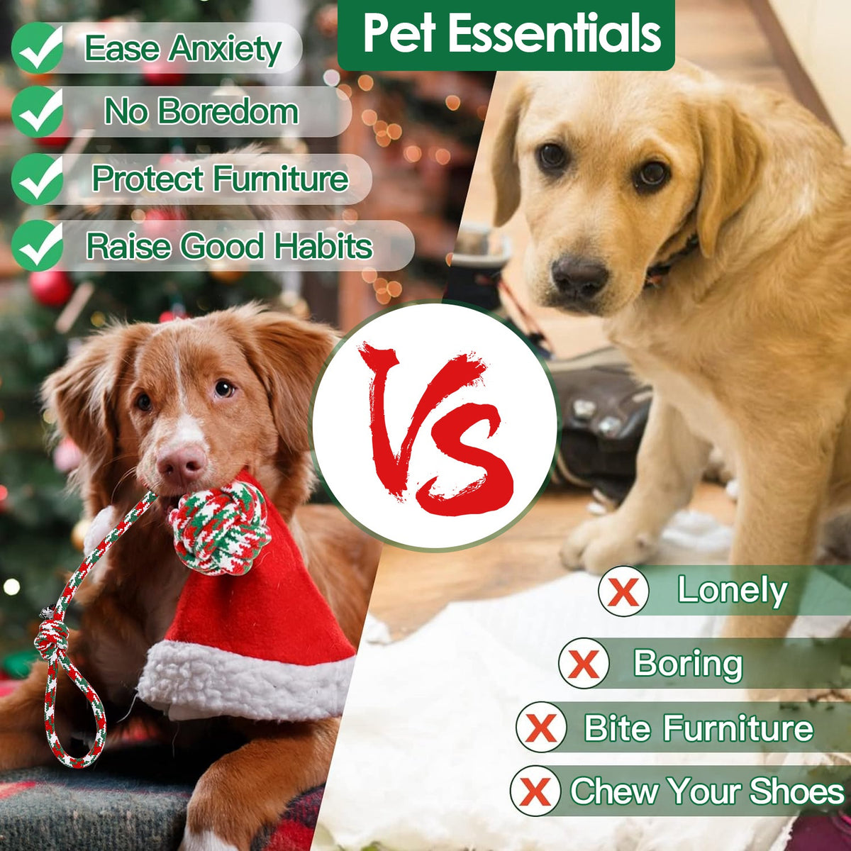 Christmas Rope Dog Chew Toys 5-Piece Set, Red, Green and White Cotton Knots and Ball – view 5