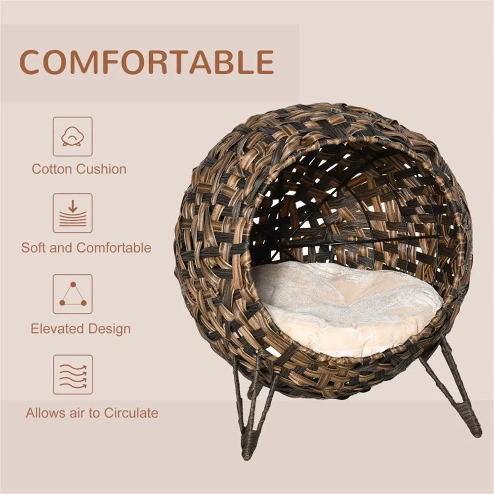Elevated Wicker Cat House with Cushion – Hand-Woven Water Hyacinth Cat Bed, Brown – view 2