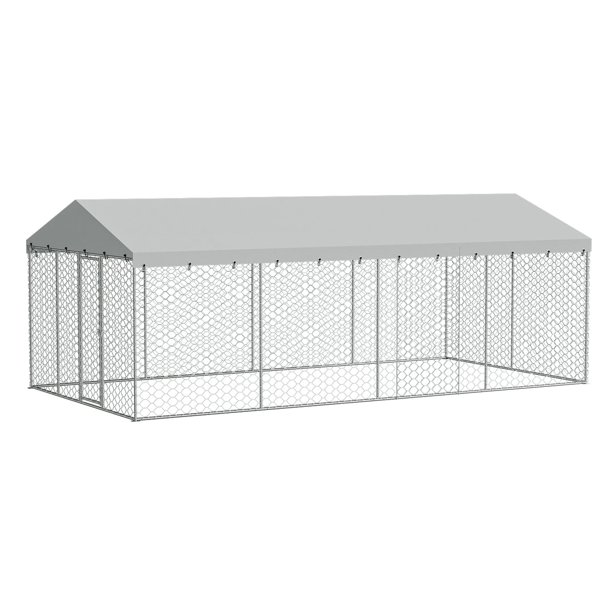 Large Outdoor Dog Kennel with Canopy – 10x20 Ft, Galvanized Steel, 18 Ground Stakes, Silver – view 3