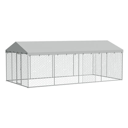 Large Outdoor Dog Kennel with Canopy – 10x20 Ft, Galvanized Steel, 18 Ground Stakes, Silver – view 3