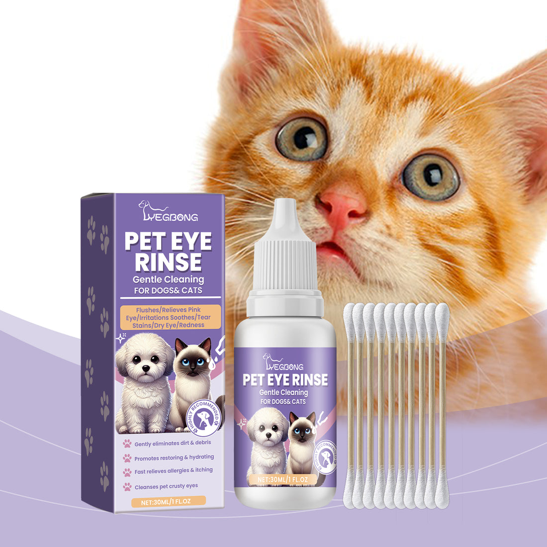 Pet Eye Rinse Solution for Dogs &amp; Cats, 30 ml Bottle with Cotton Swabs – view 2