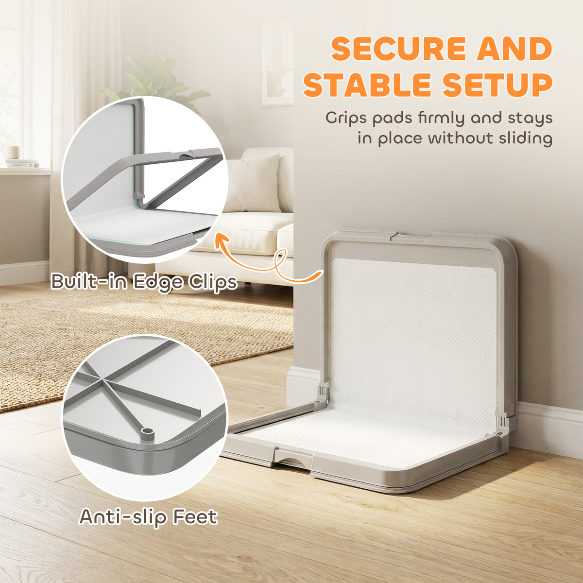 Foldable Dog Pee Pad Holder – 33.9 x 24.4 in Tray with Splash Wall &amp; 3 Pads, Gray – view 5