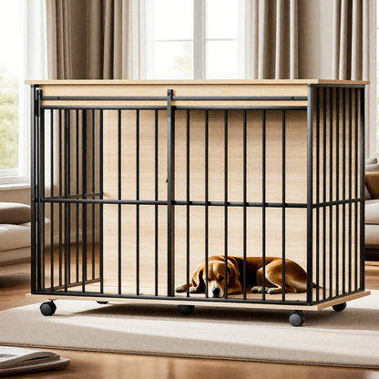 Wooden Dog Crate Furniture – Large Kennel End Table with Sliding Door and Tray, Black and Natural – view 8