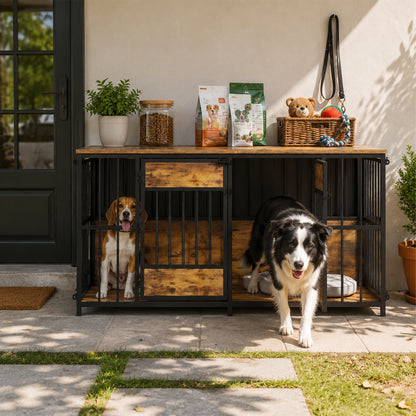 Wooden Dog Crate Furniture – Large Indoor Kennel with Tabletop, Metal Bars, Antique Brown – view 10