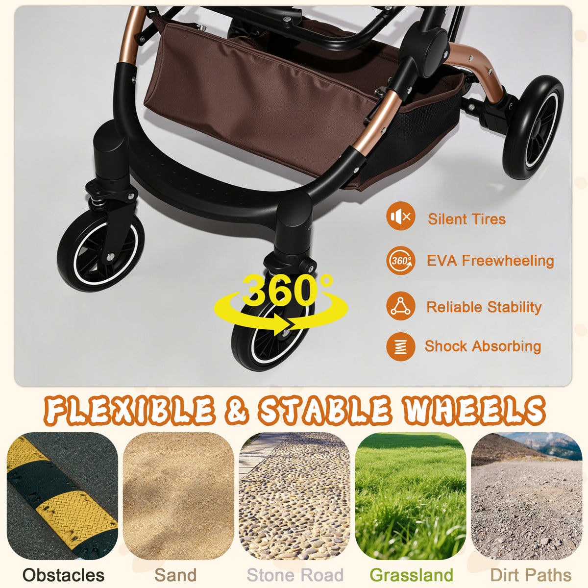 2-in-1 Foldable Pet Stroller – Detachable Carrier, 4 Wheels, Sun Canopy, Khaki – view 10