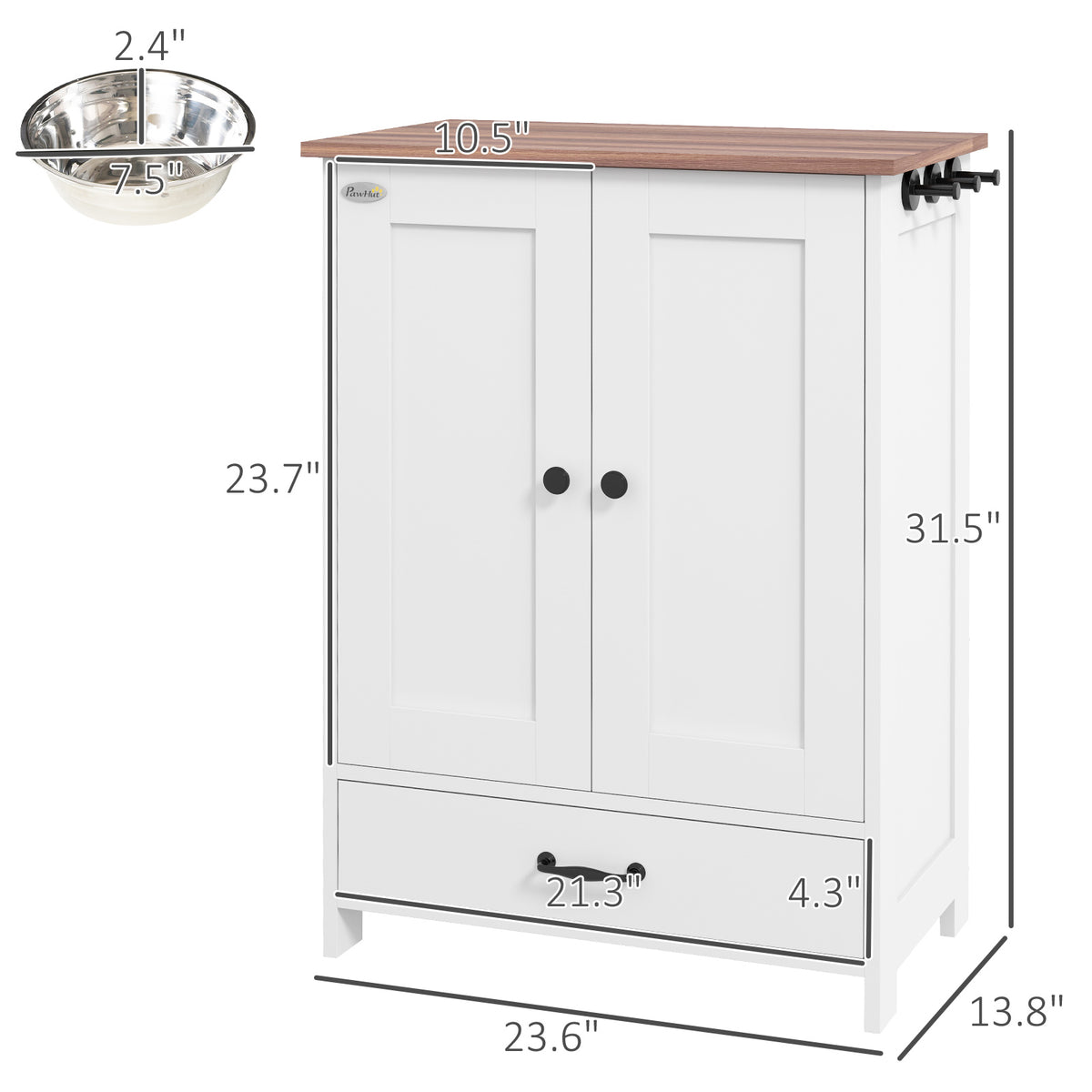 Dog Feeding Cabinet with Hidden Bowls, Adjustable Shelf &amp; Leash Hooks, Medium Dogs, White – view 3