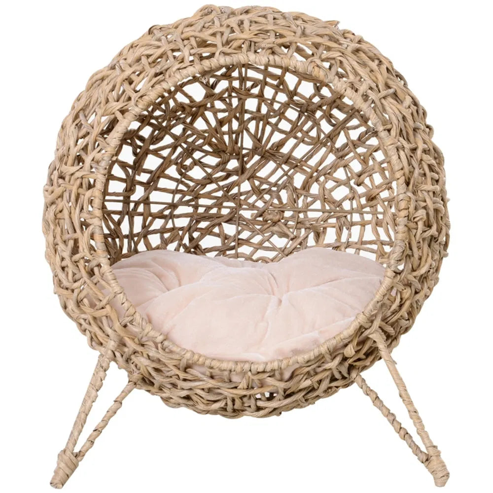 Elevated Wicker Cat House with Cushion – Hand-Woven Water Hyacinth Cat Bed, Natural – view 4