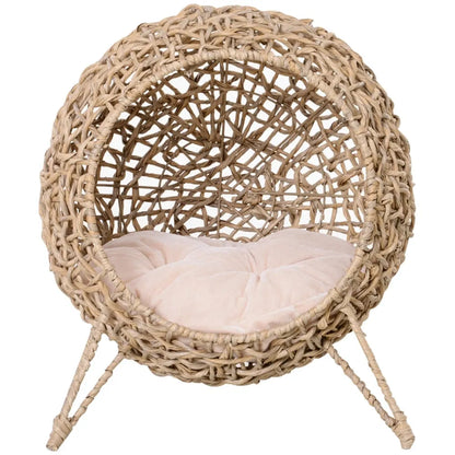 Elevated Wicker Cat House with Cushion – Hand-Woven Water Hyacinth Cat Bed, Natural – view 4