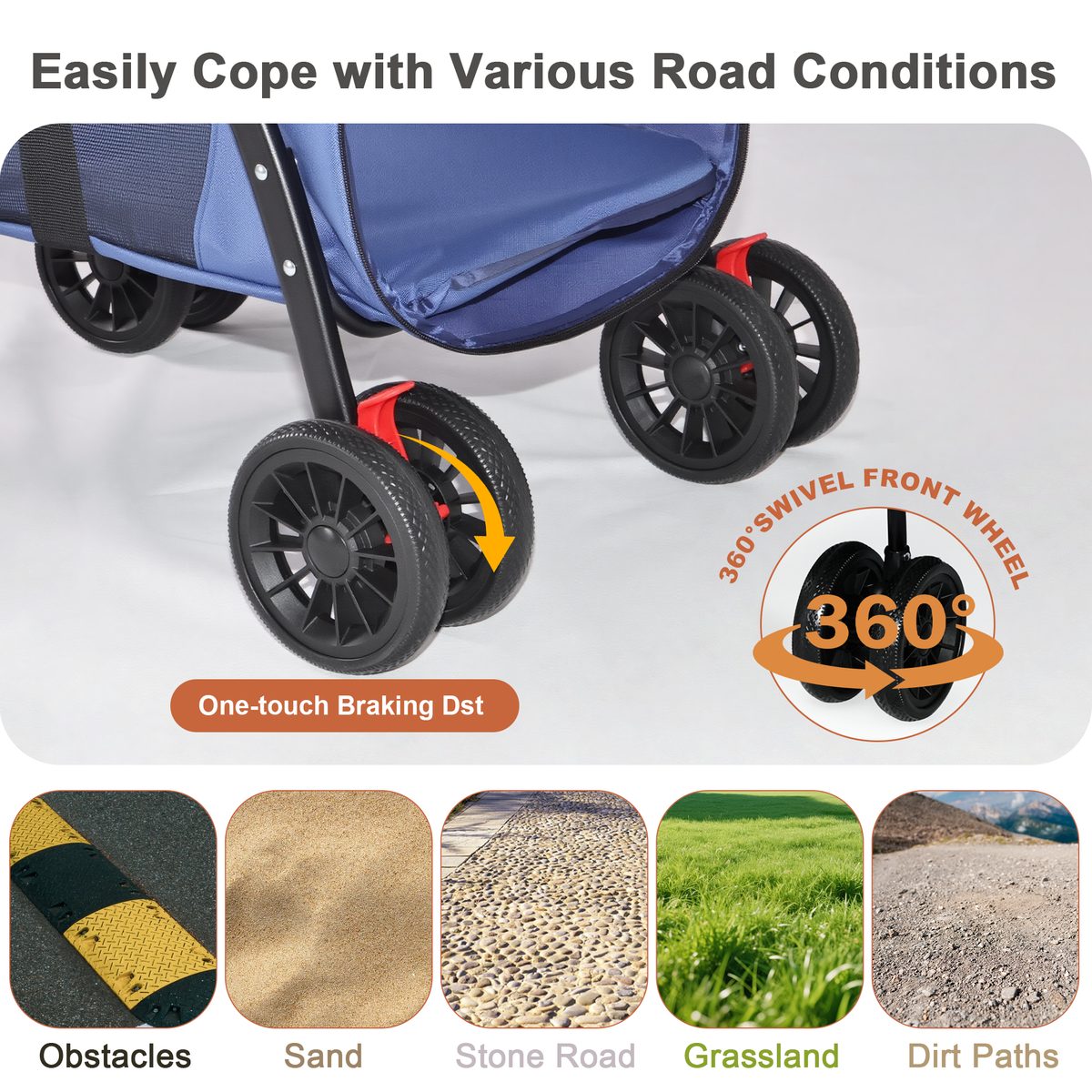 Foldable 4-Wheel Pet Stroller – Breathable Mesh, Shockproof Wheels, Brakes, Holds 33 lbs, Navy Blue – view 6
