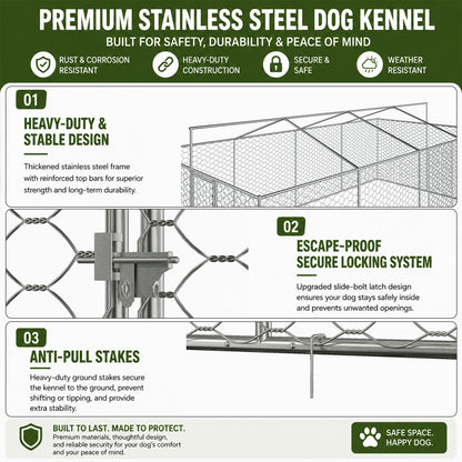 Large Outdoor Dog Kennel with Canopy – 10x20 Ft, Galvanized Steel, 18 Ground Stakes, Silver – view 9