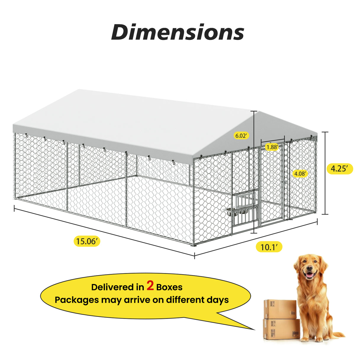 15 x 10 ft Large Outdoor Dog Kennel with Canopy – Galvanized Steel, 2 Raised Bowls – view 3