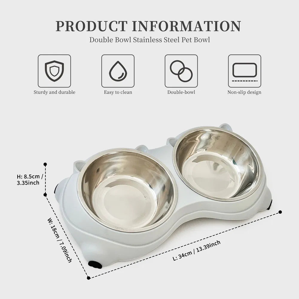 Double Stainless Steel Cat Bowl Set – Non-Slip Base, 20 oz Food &amp; Water Bowls, Gray – view 6