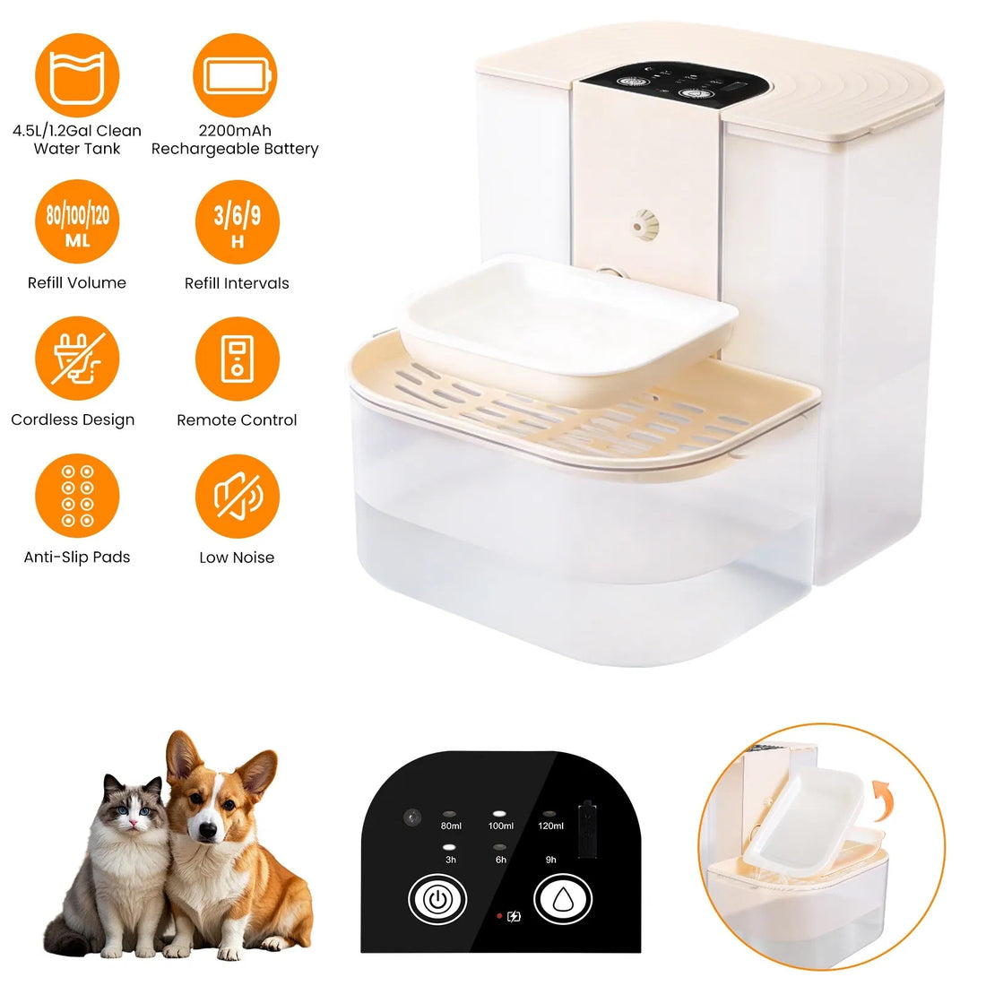 Cordless Pet Water Fountain 4.5 L – Dual-Tank Auto Refill with Timer &amp; Remote, Cream