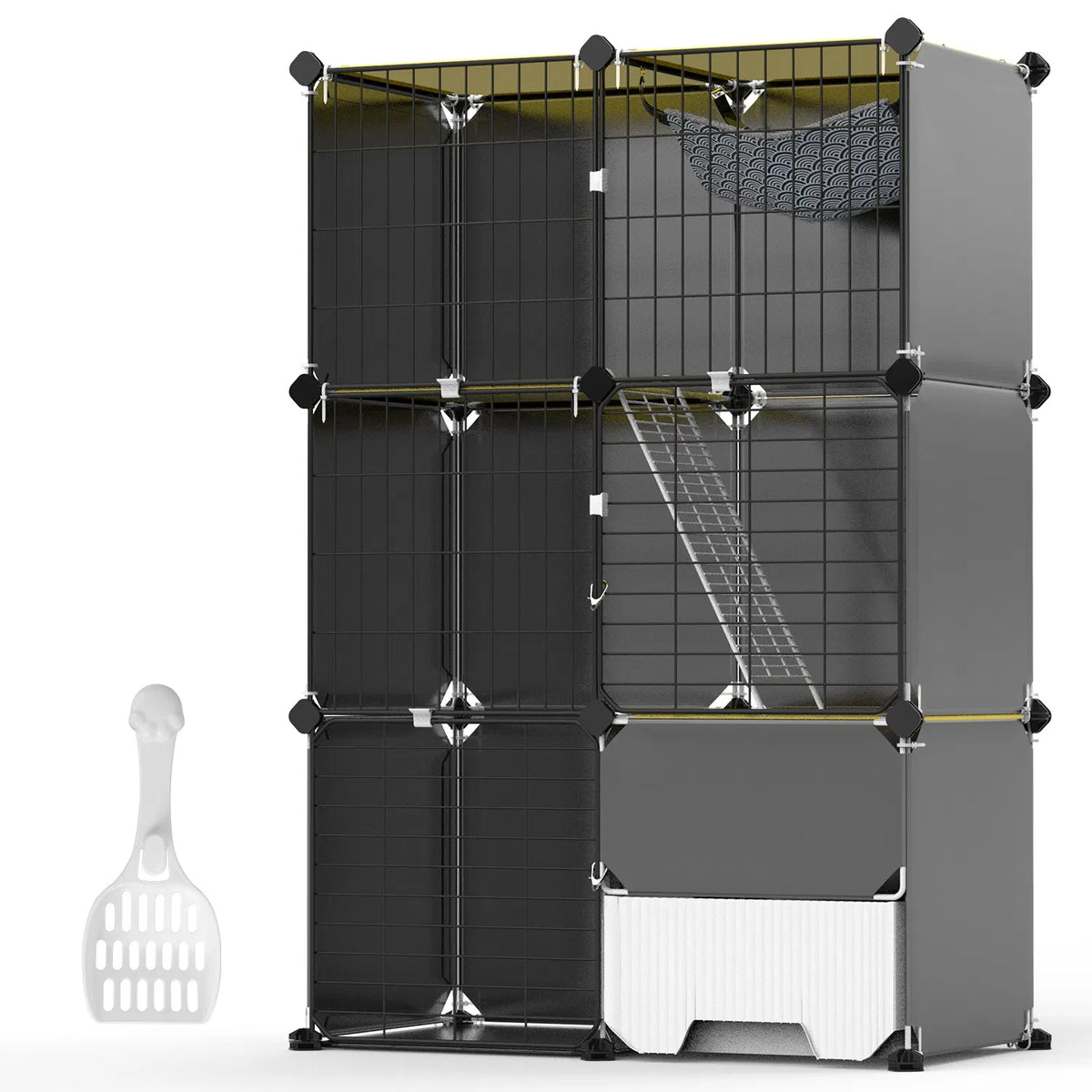 3-Tier Indoor Cat Cage with Pull-Out Litter Drawer, Ladder &amp; Reversible Hammock – view 4