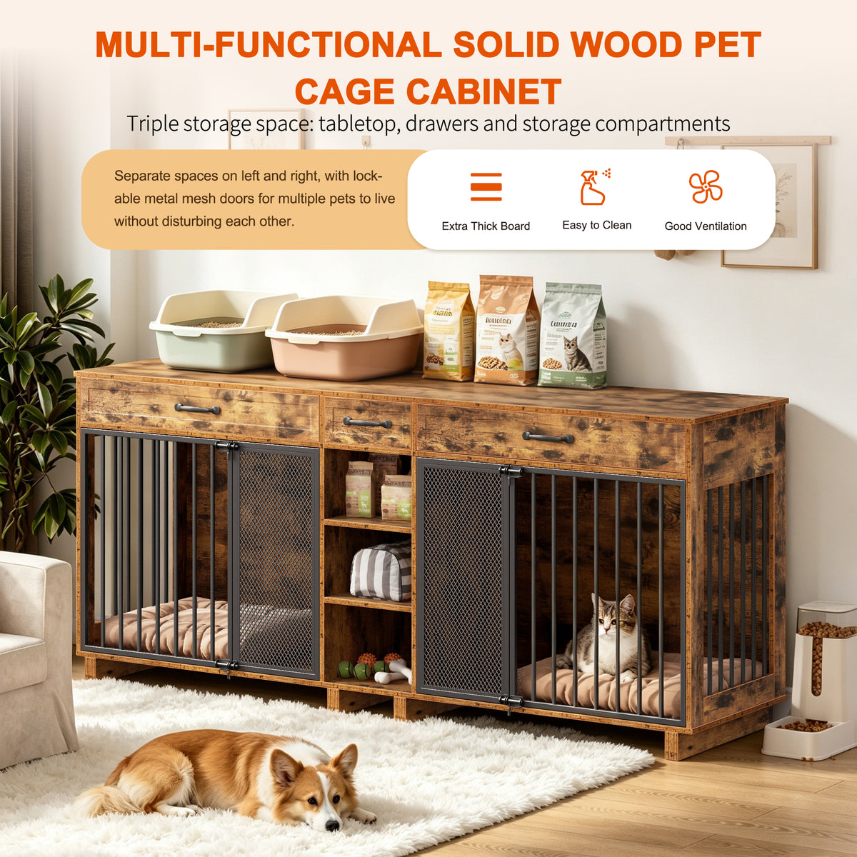 Large Wooden Double Dog Crate Furniture – Storage Cabinet, Drawers, Shelves, Antique Brown – view 10