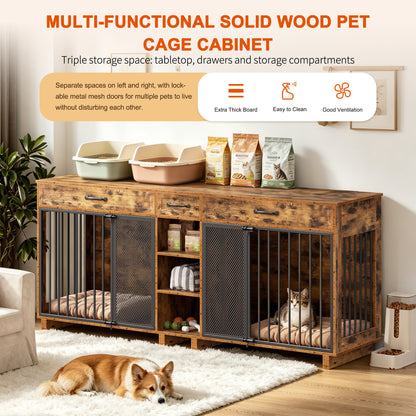 Large Wooden Double Dog Crate Furniture – Storage Cabinet, Drawers, Shelves, Antique Brown – view 10