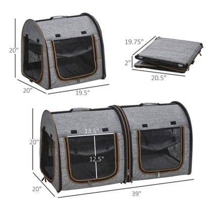Foldable Double Cat Carrier – Converts to 2 Carriers, Mesh Windows, Seat Belt Strap, Gray – view 5
