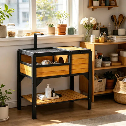 Cedar Wood Tortoise House – 2 Rooms, Hanging Light Stand, Plastic Tray &amp; Storage Shelf – view 7