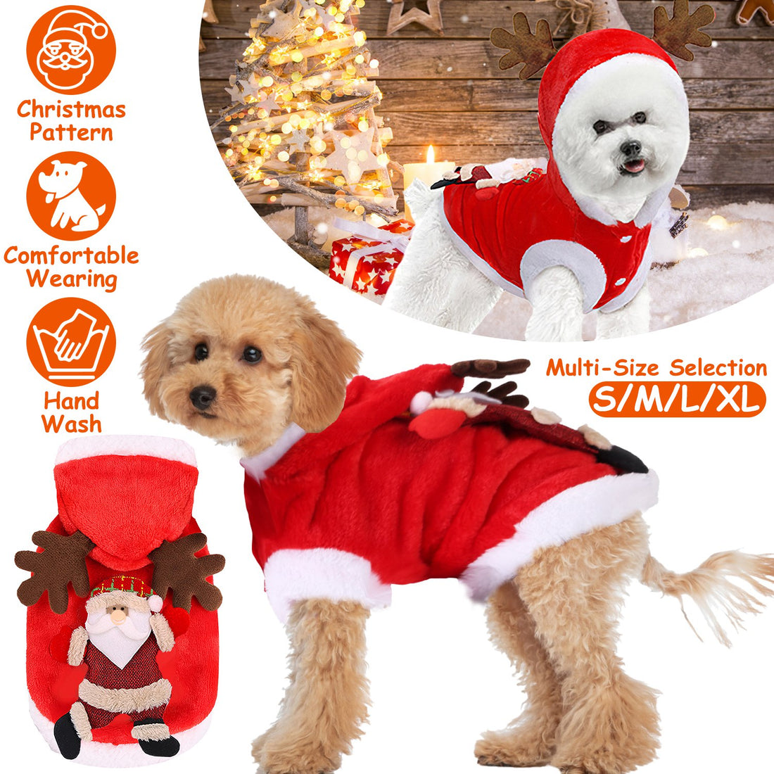 Santa Claus Christmas Pet Costume with 3D Reindeer Antlers for Small Dogs &amp; Cats, Red