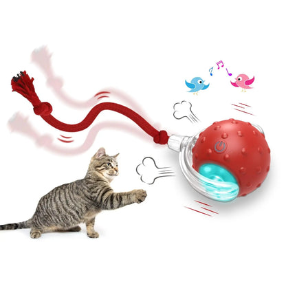 Self-Driving Rolling Ball Cat Toy – 3 Modes, Bird Chirp Sound, Tail &amp; Rope Attachments