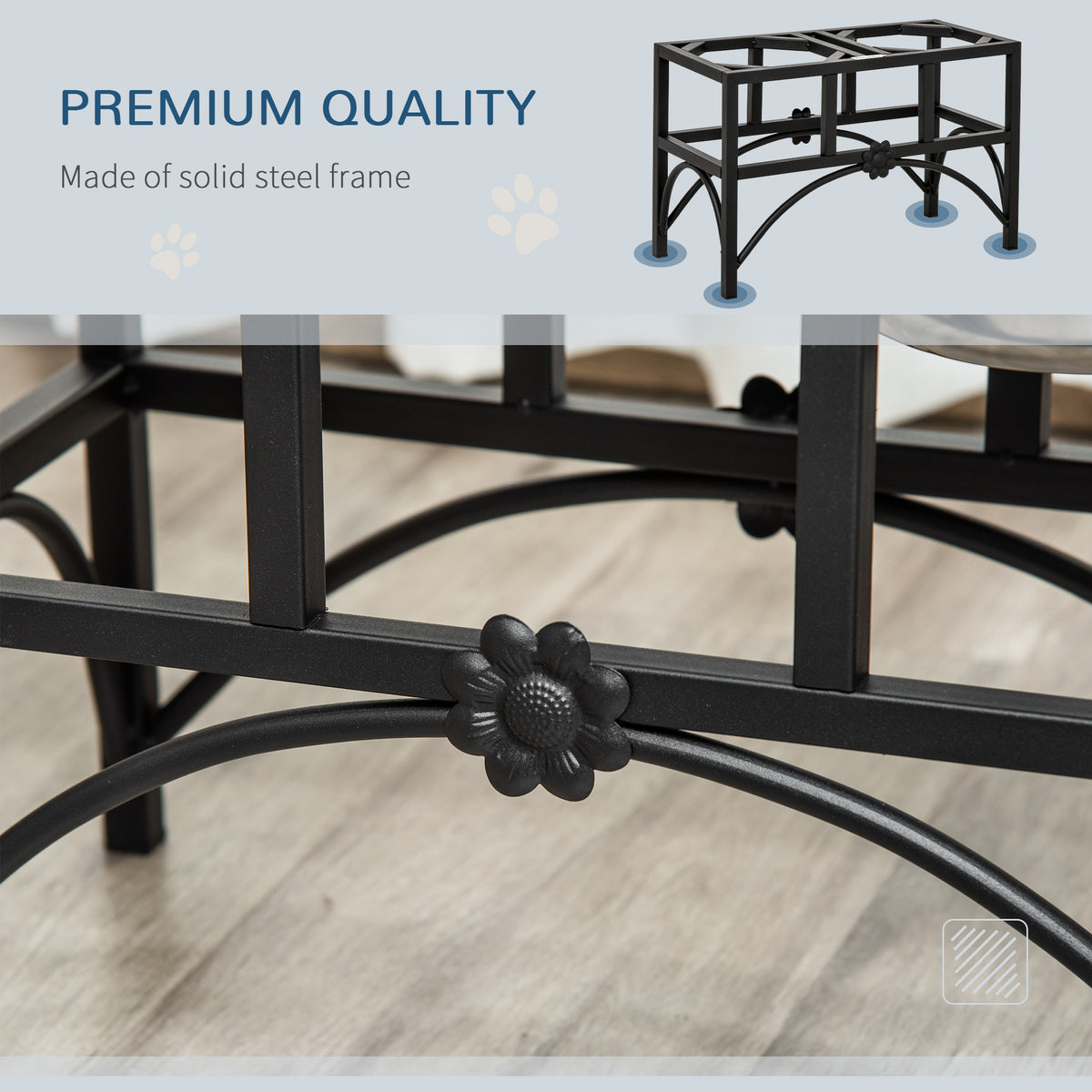 Elevated Double Dog Bowl Stand 17 in – Iron Frame with 2 Stainless Steel Bowls, Black &amp; Silver – view 5
