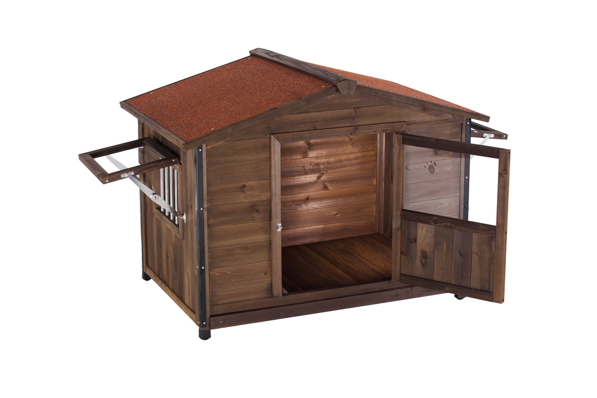 Wooden Cabin Dog House with Iron Frame – Asphalt Roof, Covered Porch, Large Dogs, Antique Brown – view 3