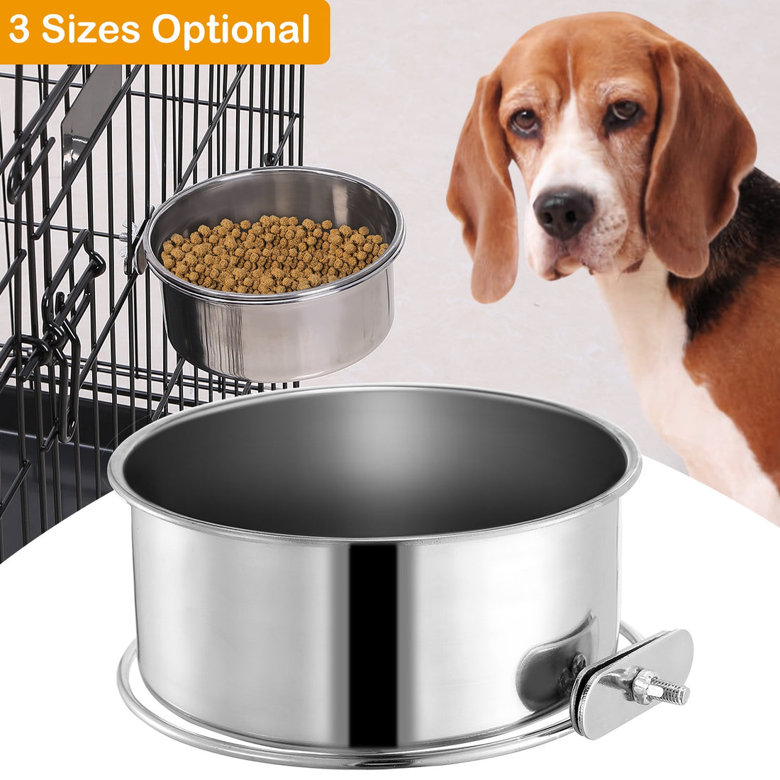 Stainless Steel Crate Dog Bowl with Clamp Holder, Hanging Cage Food and Water Bowl, Medium – view 2