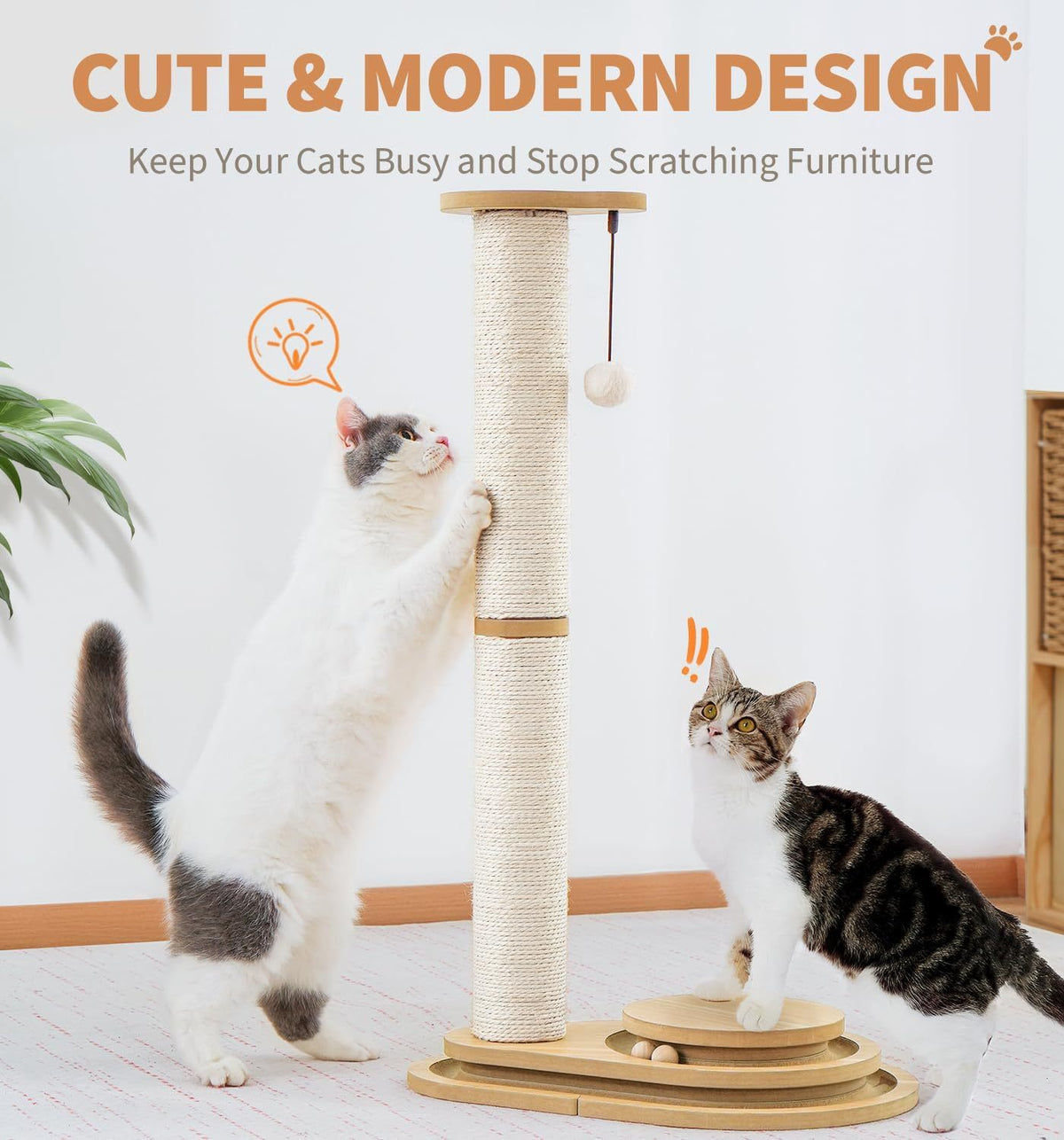 Sisal Cat Scratching Post with 3-Level Ball Track Toy and Top Ball for Indoor Cats – view 6