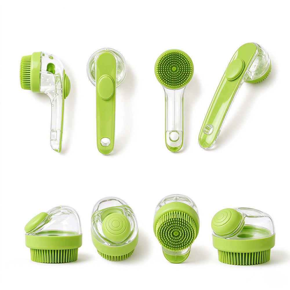 Dog &amp; Cat Shower Brush 2-Pack – Long &amp; Short Handle Silicone Brushes with Shampoo Dispenser