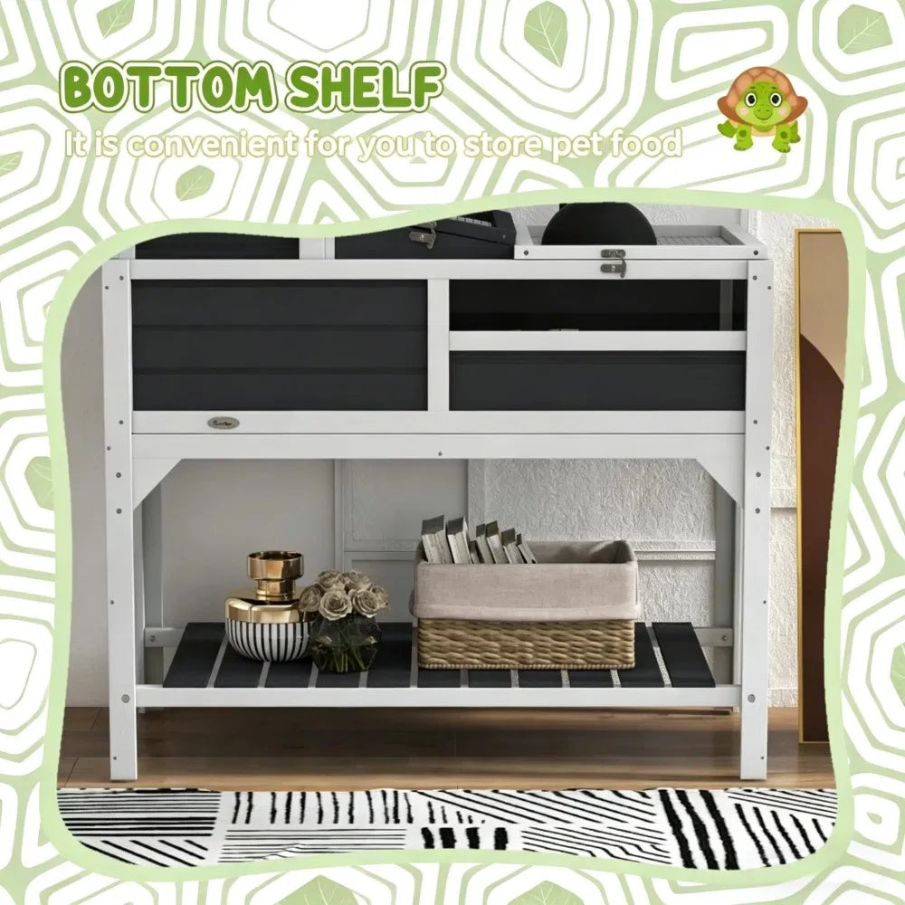Two-Level Wooden Tortoise House with Run, Lamp Holder, Ramp &amp; Storage Shelf, Gray and White – view 8