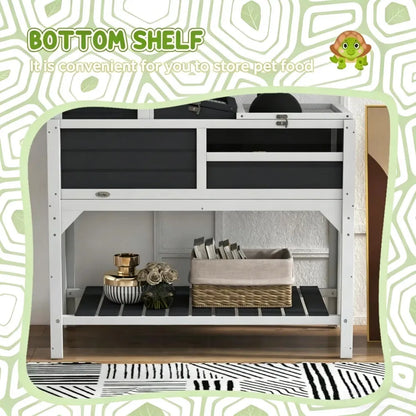 Two-Level Wooden Tortoise House with Run, Lamp Holder, Ramp &amp; Storage Shelf, Gray and White – view 8